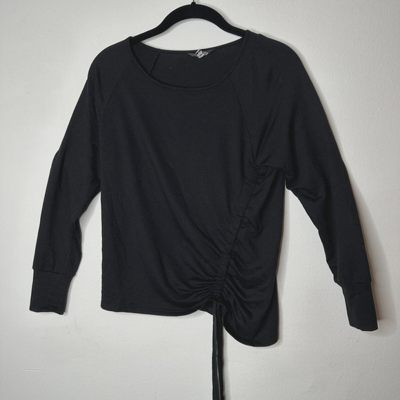 Peyton Jensen Black Front Ruched Side Tie Long Sleeve Banded Cuff Blouse XS - Picture 1 of 9